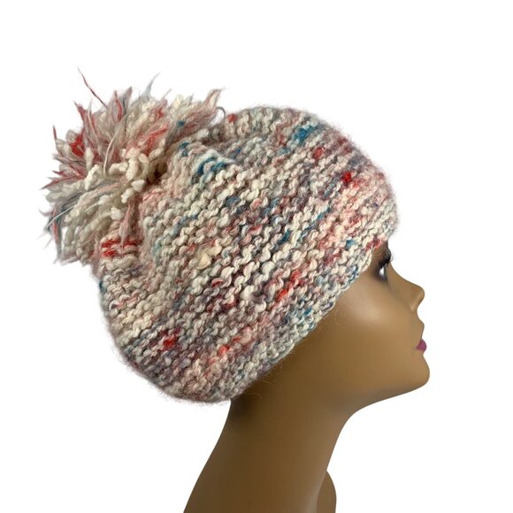 Hand-Knitted Multicolor Pink Wool Blend Beanie w/ Pom PomStretch Fit Womens OS - Picture 2 of 8